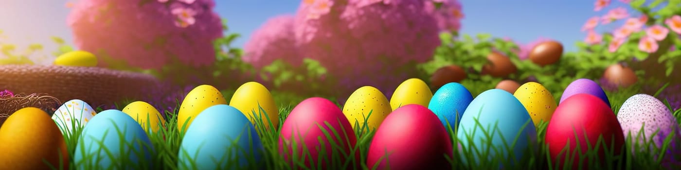 Fresh spring background with easter eggs banner green juicy meadow. Colored Easter eggs hidden flowers grass.Easter concept. Spring summer background with fresh grass against blue sky with.