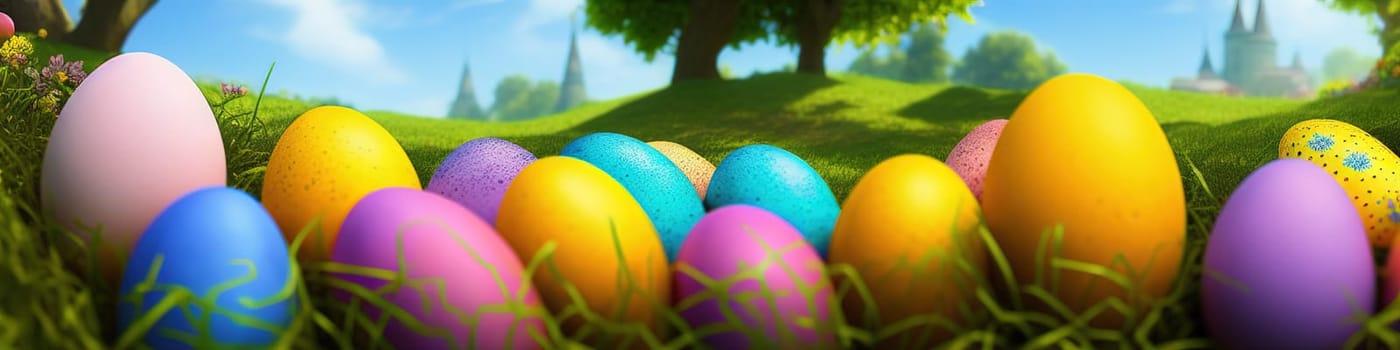 Fresh spring background with easter eggs banner green juicy meadow. Colored Easter eggs hidden flowers grass.Easter concept. Spring summer background with fresh grass against blue sky with.