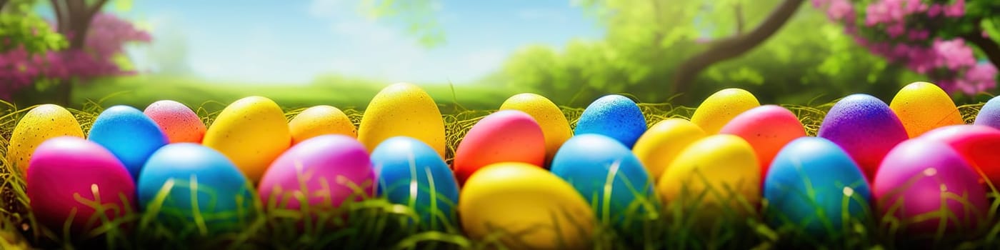 Fresh spring background with easter eggs banner green juicy meadow. Colored Easter eggs hidden flowers grass.Easter concept. Spring summer background with fresh grass against blue sky with.