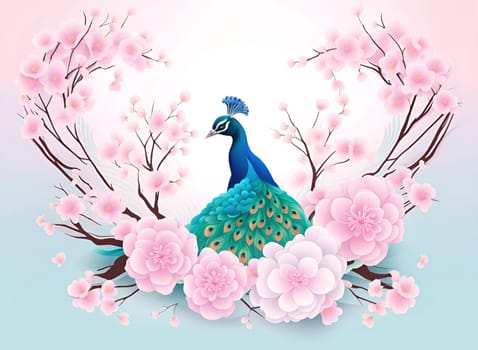 Peacock and cherry blossom background vector illustration. spring season