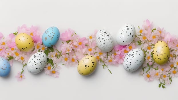 Easter eggs and small flowers on white background Floral border, on pastel isolated background. Valentine's day, spring, birthday, happy women's day, mother's day. Flat lay, top view, free space