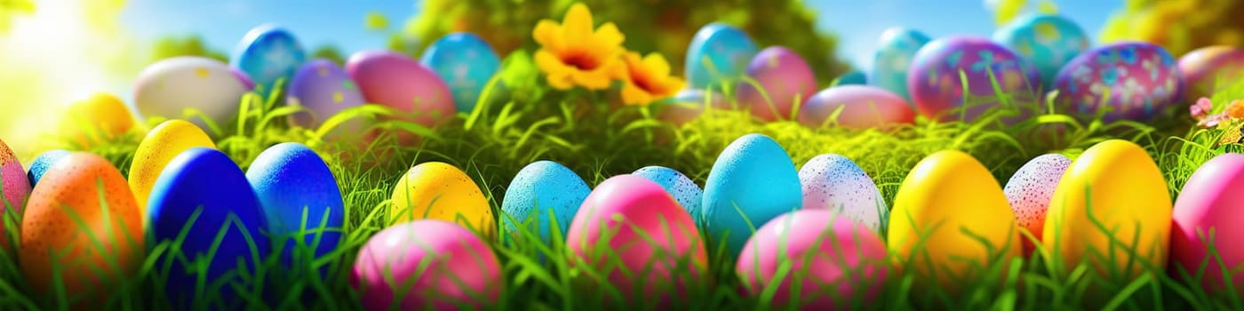 Fresh spring background with easter eggs banner green juicy meadow. Colored Easter eggs hidden flowers grass.Easter concept. Spring summer background with fresh grass against blue sky with.