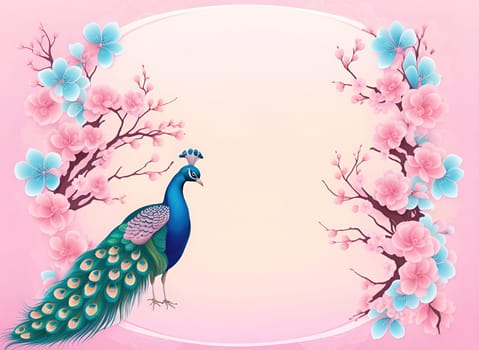 Peacock and cherry blossom background vector illustration. spring season