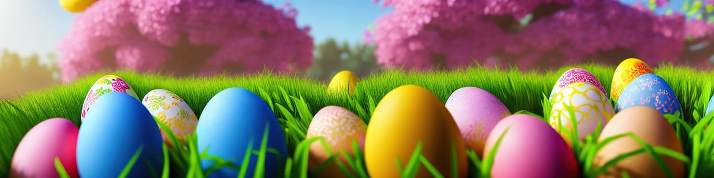 Fresh spring background with easter eggs banner green juicy meadow. Colored Easter eggs hidden flowers grass.Easter concept. Spring summer background with fresh grass against blue sky with.