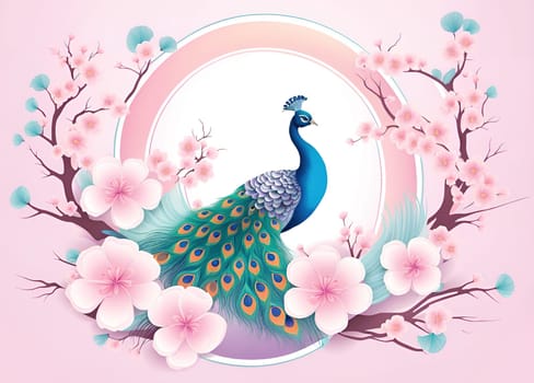 Peacock and cherry blossom background vector illustration. spring season