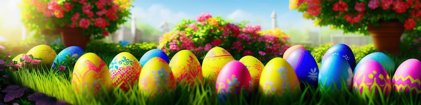 Fresh spring background with easter eggs banner green juicy meadow. Colored Easter eggs hidden flowers grass.Easter concept. Spring summer background with fresh grass against blue sky with.