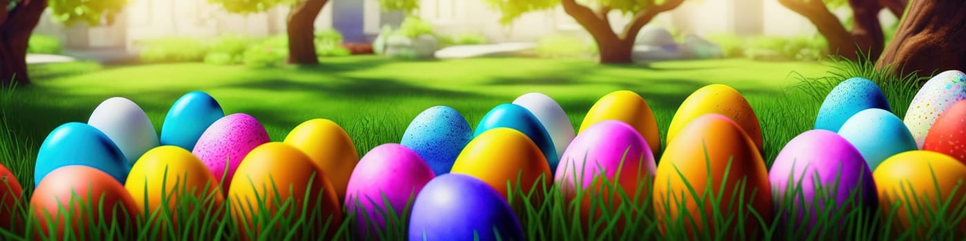 Fresh spring background with easter eggs banner green juicy meadow. Colored Easter eggs hidden flowers grass.Easter concept. Spring summer background with fresh grass against blue sky with.