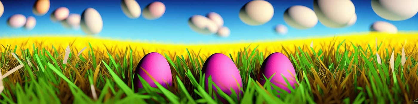 Fresh spring background with easter eggs banner green juicy meadow. Colored Easter eggs hidden flowers grass.Easter concept. Spring summer background with fresh grass against blue sky with.