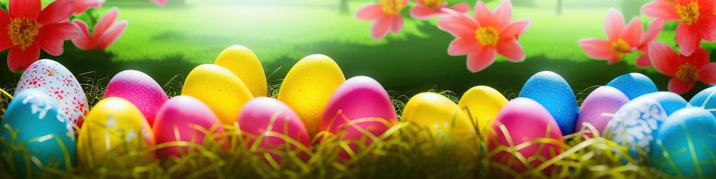 Fresh spring background with easter eggs banner green juicy meadow. Colored Easter eggs hidden flowers grass.Easter concept. Spring summer background with fresh grass against blue sky with.