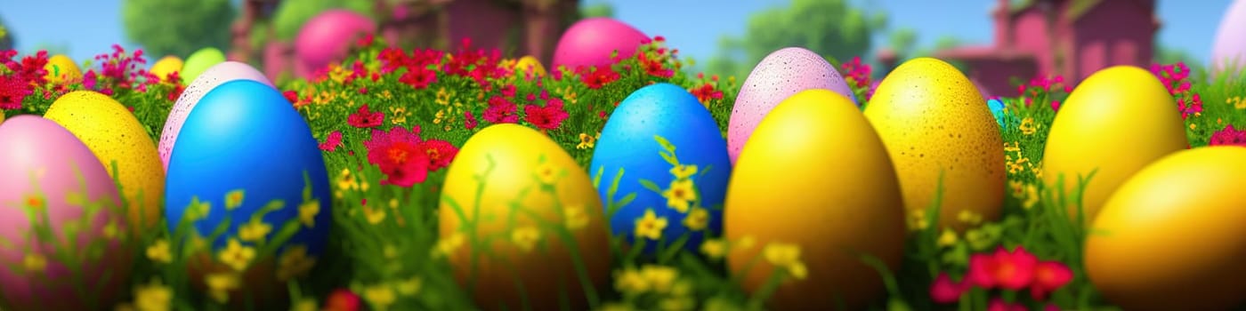 Fresh spring background with easter eggs banner green juicy meadow. Colored Easter eggs hidden flowers grass.Easter concept. Spring summer background with fresh grass against blue sky with.