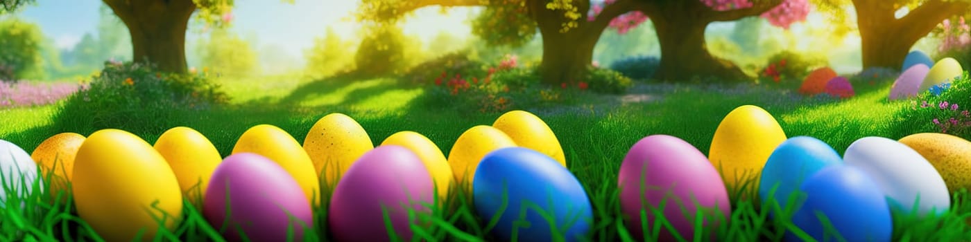 Fresh spring background with easter eggs banner green juicy meadow. Colored Easter eggs hidden flowers grass.Easter concept. Spring summer background with fresh grass against blue sky with.