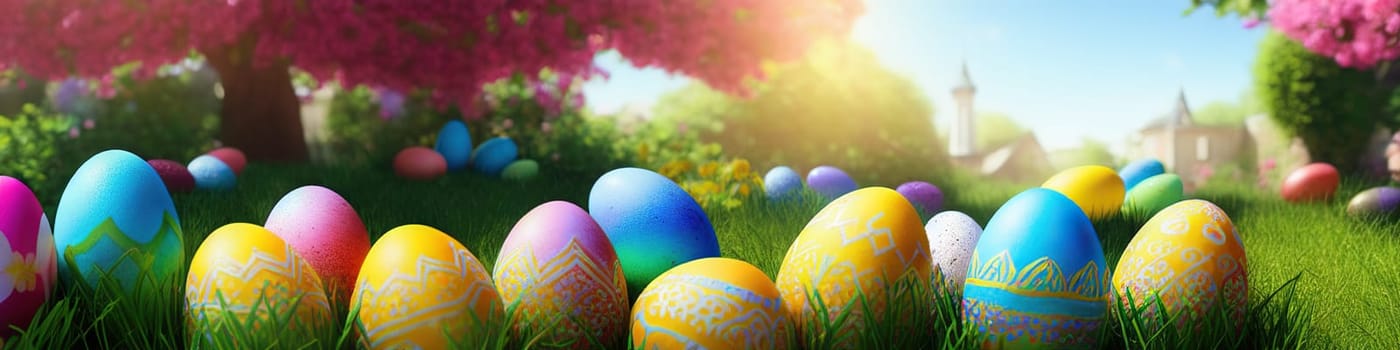 Fresh spring background with easter eggs banner green juicy meadow. Colored Easter eggs hidden flowers grass.Easter concept. Spring summer background with fresh grass against blue sky with.