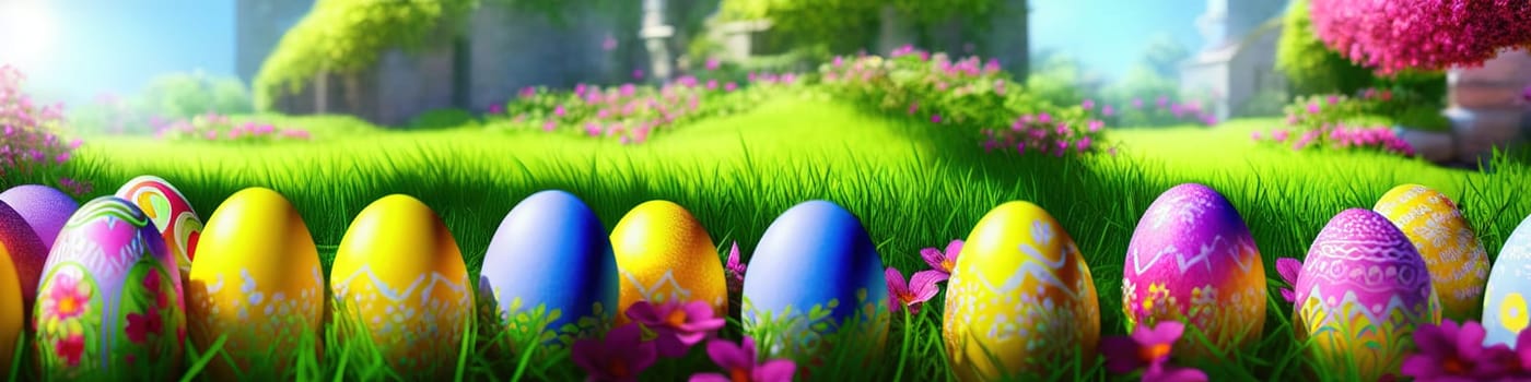 Fresh spring background with easter eggs banner green juicy meadow. Colored Easter eggs hidden flowers grass.Easter concept. Spring summer background with fresh grass against blue sky with.