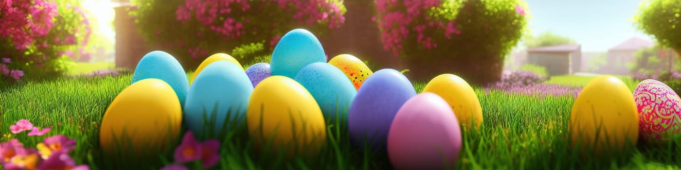 Fresh spring background with easter eggs banner green juicy meadow. Colored Easter eggs hidden flowers grass.Easter concept. Spring summer background with fresh grass against blue sky with.