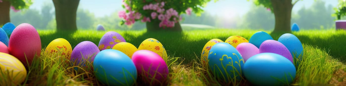 Fresh spring background with easter eggs banner green juicy meadow. Colored Easter eggs hidden flowers grass.Easter concept. Spring summer background with fresh grass against blue sky with.