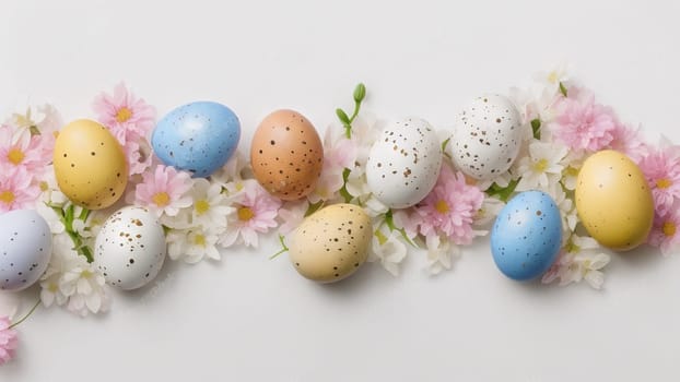 Easter eggs and small flowers on white background Floral border, on pastel isolated background. Valentine's day, spring, birthday, happy women's day, mother's day. Flat lay, top view, free space