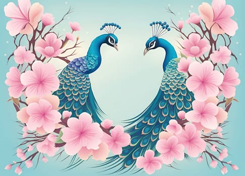 Peacock and cherry blossom background vector illustration. spring season