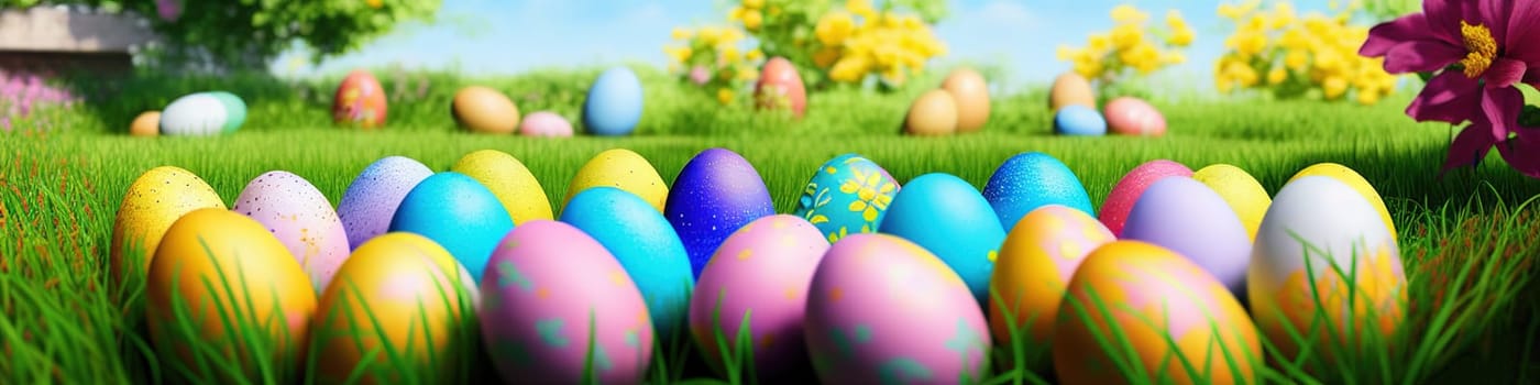 Fresh spring background with easter eggs banner green juicy meadow. Colored Easter eggs hidden flowers grass.Easter concept. Spring summer background with fresh grass against blue sky with.
