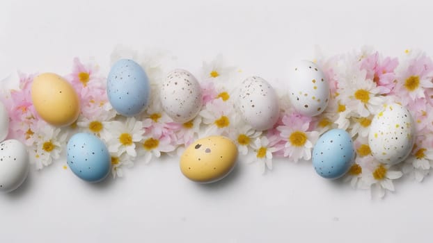 Easter eggs and small flowers on white background Floral border, on pastel isolated background. Valentine's day, spring, birthday, happy women's day, mother's day. Flat lay, top view, free space