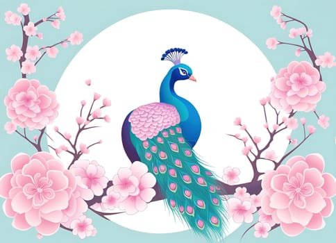 Peacock and cherry blossom background vector illustration. spring season