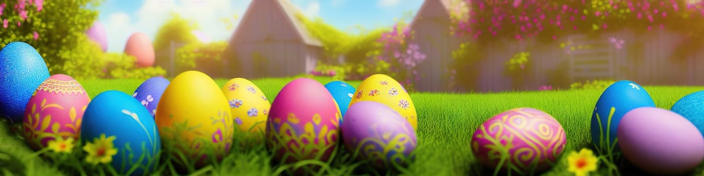 Fresh spring background with easter eggs banner green juicy meadow. Colored Easter eggs hidden flowers grass.Easter concept. Spring summer background with fresh grass against blue sky with.