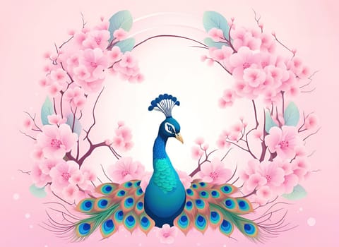 Peacock and cherry blossom background vector illustration. spring season