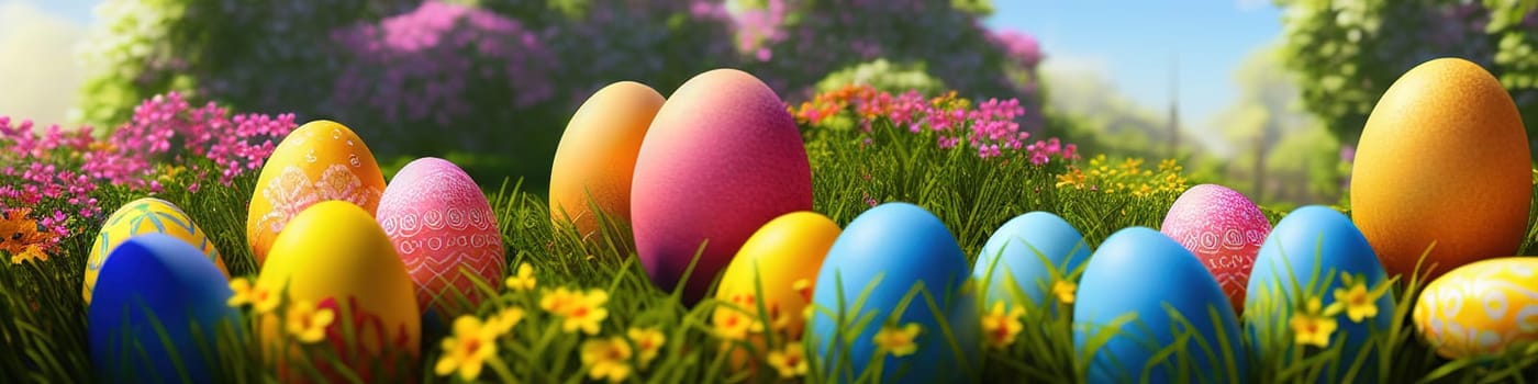 Fresh spring background with easter eggs banner green juicy meadow. Colored Easter eggs hidden flowers grass.Easter concept. Spring summer background with fresh grass against blue sky with.