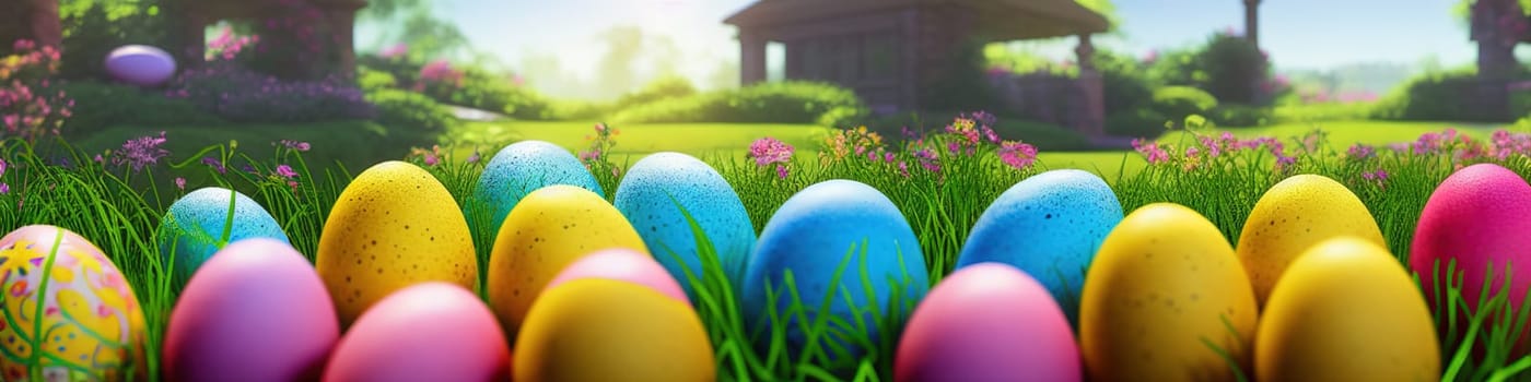 Fresh spring background with easter eggs banner green juicy meadow. Colored Easter eggs hidden flowers grass.Easter concept. Spring summer background with fresh grass against blue sky with.