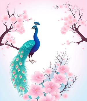 Peacock and cherry blossom background vector illustration. spring season