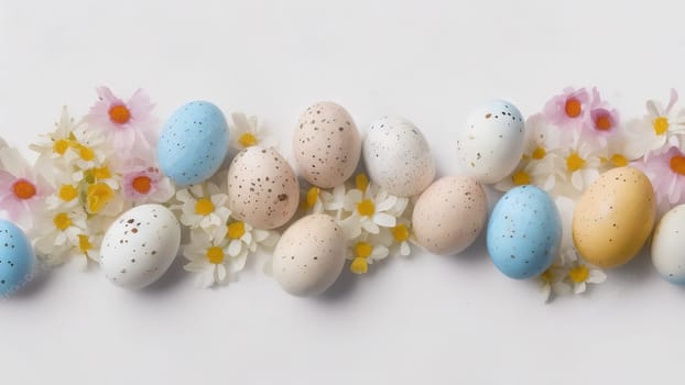 Easter eggs and small flowers on white background Floral border, on pastel isolated background. Valentine's day, spring, birthday, happy women's day, mother's day. Flat lay, top view, free space