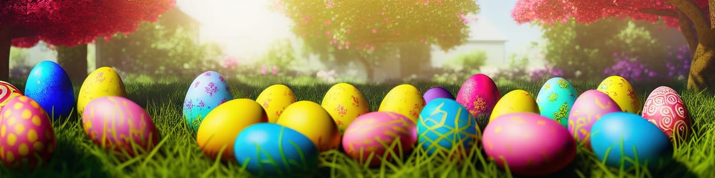 Fresh spring background with easter eggs banner green juicy meadow. Colored Easter eggs hidden flowers grass.Easter concept. Spring summer background with fresh grass against blue sky with.