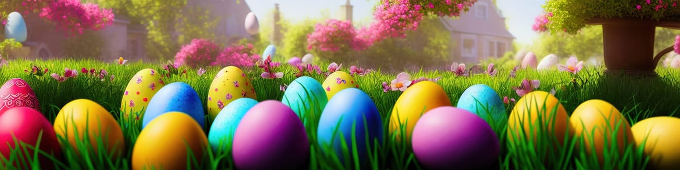 Fresh spring background with easter eggs banner green juicy meadow. Colored Easter eggs hidden flowers grass.Easter concept. Spring summer background with fresh grass against blue sky with.