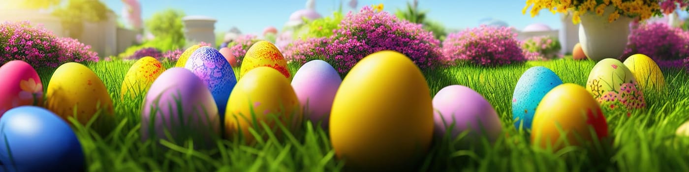 Fresh spring background with easter eggs banner green juicy meadow. Colored Easter eggs hidden flowers grass.Easter concept. Spring summer background with fresh grass against blue sky with.