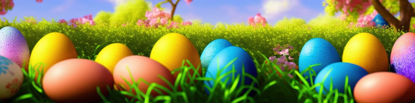 Fresh spring background with easter eggs banner green juicy meadow. Colored Easter eggs hidden flowers grass.Easter concept. Spring summer background with fresh grass against blue sky with.