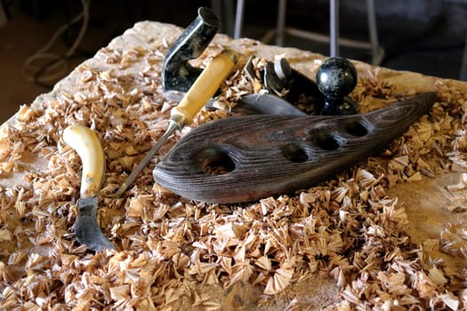 Hand tool on the background of the carpentry workshop. Photo in high quality.