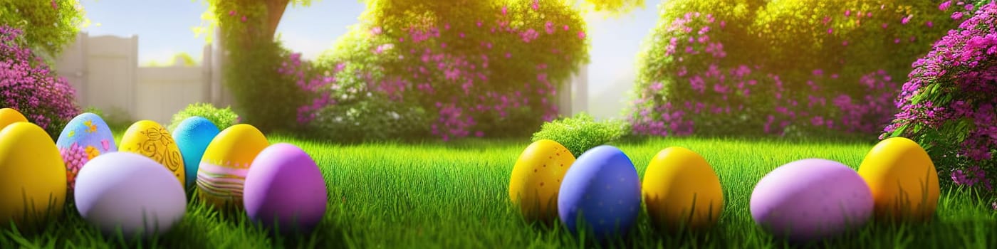 Fresh spring background with easter eggs banner green juicy meadow. Colored Easter eggs hidden flowers grass.Easter concept. Spring summer background with fresh grass against blue sky with.