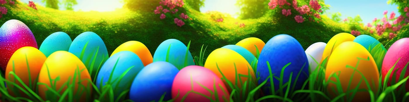 Fresh spring background with easter eggs banner green juicy meadow. Colored Easter eggs hidden flowers grass.Easter concept. Spring summer background with fresh grass against blue sky with.