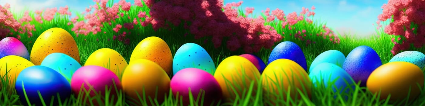 Fresh spring background with easter eggs banner green juicy meadow. Colored Easter eggs hidden flowers grass.Easter concept. Spring summer background with fresh grass against blue sky with.