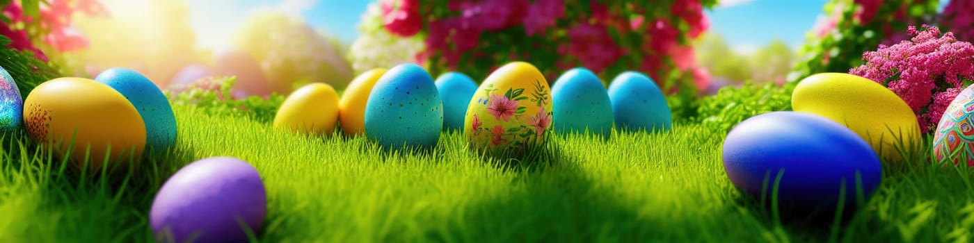 Fresh spring background with easter eggs banner green juicy meadow. Colored Easter eggs hidden flowers grass.Easter concept. Spring summer background with fresh grass against blue sky with.