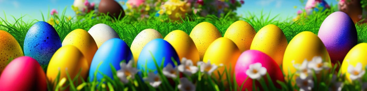 Fresh spring background with easter eggs banner green juicy meadow. Colored Easter eggs hidden flowers grass.Easter concept. Spring summer background with fresh grass against blue sky with.