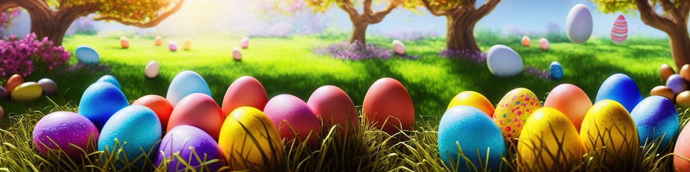 Fresh spring background with easter eggs banner green juicy meadow. Colored Easter eggs hidden flowers grass.Easter concept. Spring summer background with fresh grass against blue sky with.