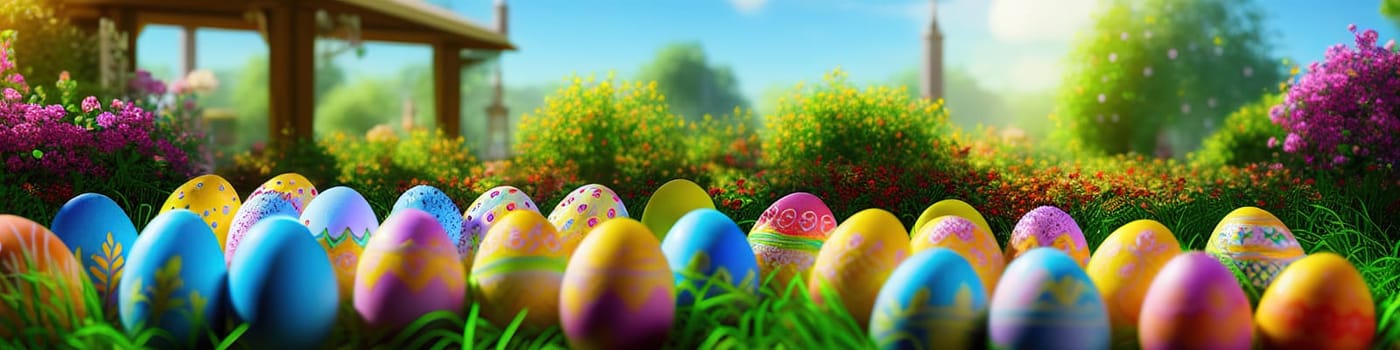 Fresh spring background with easter eggs banner green juicy meadow. Colored Easter eggs hidden flowers grass.Easter concept. Spring summer background with fresh grass against blue sky with.