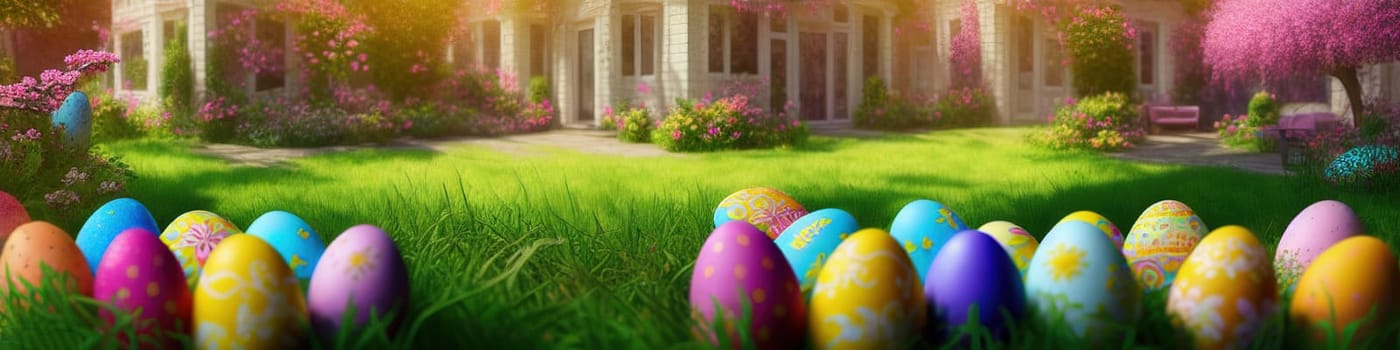 Fresh spring background with easter eggs banner green juicy meadow. Colored Easter eggs hidden flowers grass.Easter concept. Spring summer background with fresh grass against blue sky with.