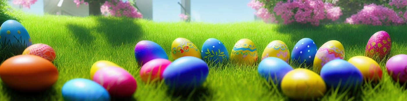 Fresh spring background with easter eggs banner green juicy meadow. Colored Easter eggs hidden flowers grass.Easter concept. Spring summer background with fresh grass against blue sky with.