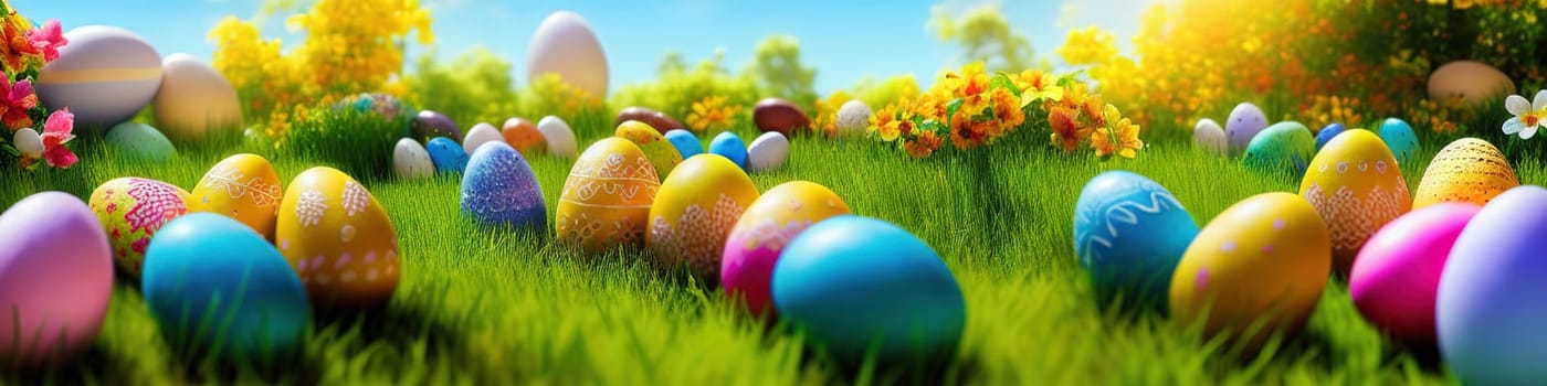 Fresh spring background with easter eggs banner green juicy meadow. Colored Easter eggs hidden flowers grass.Easter concept. Spring summer background with fresh grass against blue sky with.