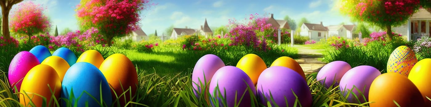 Fresh spring background with easter eggs banner green juicy meadow. Colored Easter eggs hidden flowers grass.Easter concept. Spring summer background with fresh grass against blue sky with.