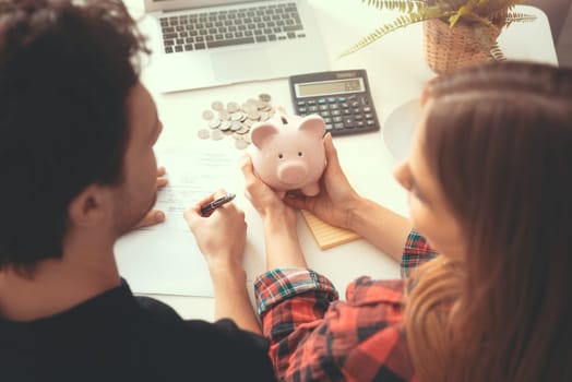 Home budget, family finance with piggy bank