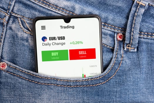 Mobile trading app on smartphone in pocket. Stock market, investment banner concept