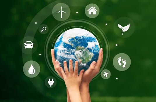 Ecology concept with hands holding earth globe, flying eco icons