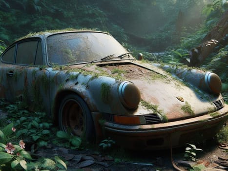 Abandoned rusty expensive atmospheric super car as circulation banned for co2 emission 2030 agenda , severe damage, broken parts, plants overgrowth bloom flowers. ai generated